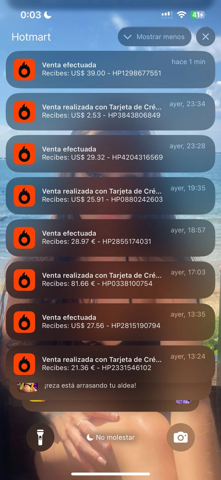 Notificación móvil de venta o cobro online